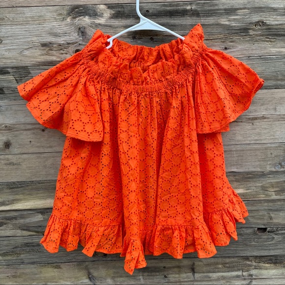 ASOS Orange Eyelet Off The Shoulder Ruffle Top - Picture 2 of 9